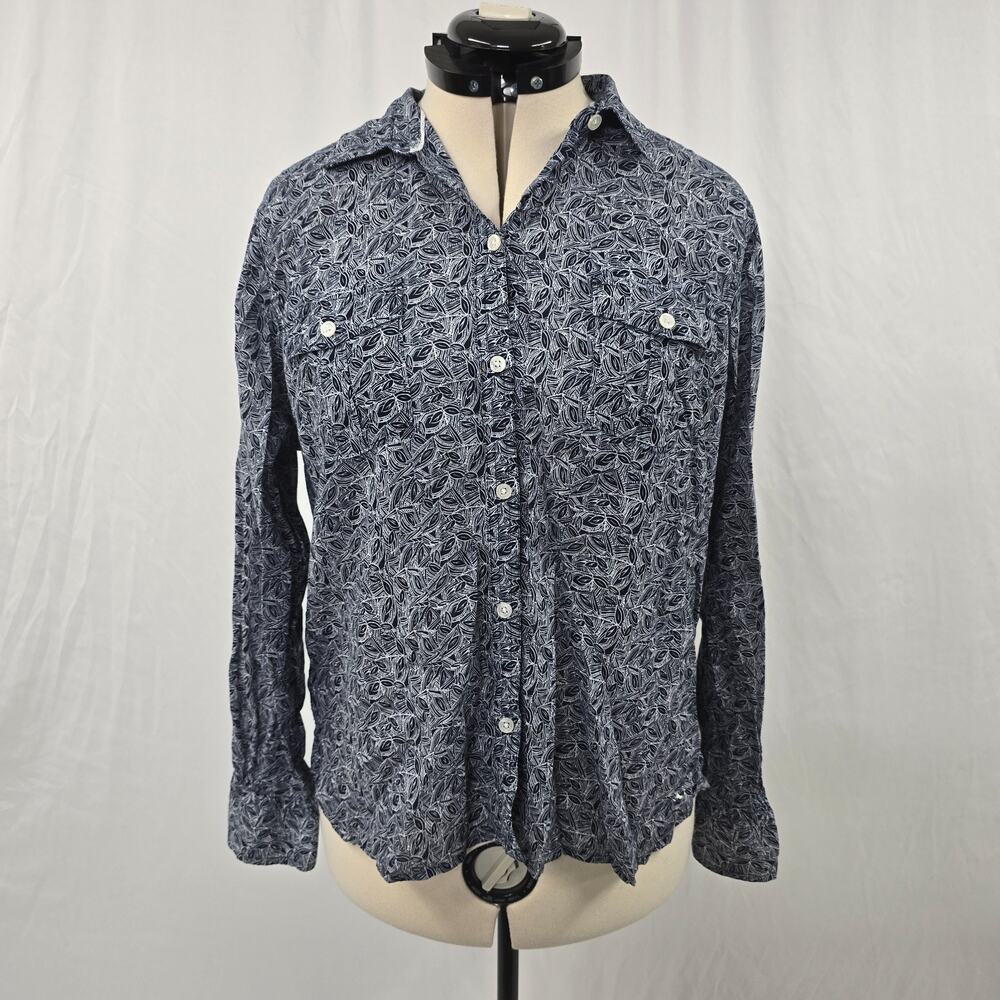 Eddie Bauer Cotton Button Down Blouse Women's XL Blue White Geo Roll Tab Sleeves